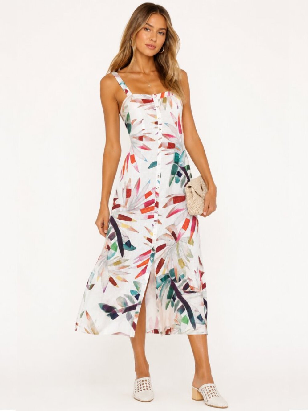 Mara Hoffman Linen Sheath Midi Maxi Dress Maui Palm Floral Print Button Front 10